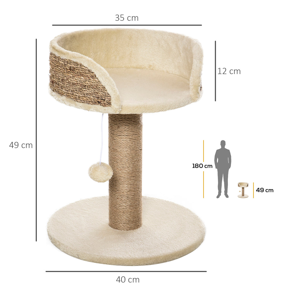 Kompakt klösträd med upphöjd kattbädd och leksak – Natur/Beige, 49 cm