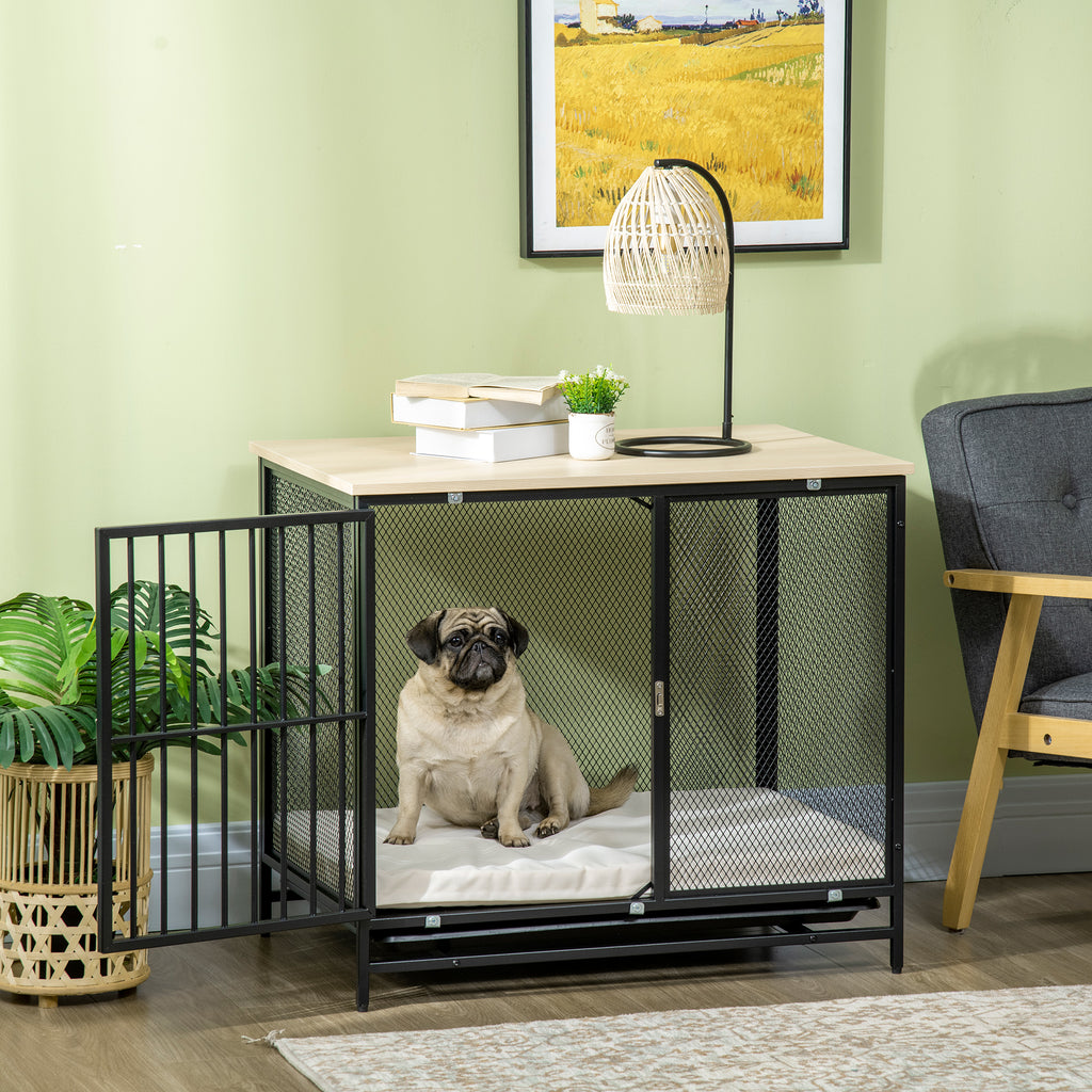 PawHut Dekorativ Hundbur med utdragbar bricka – Ek/Svart – 80 x 55 x 71 cm