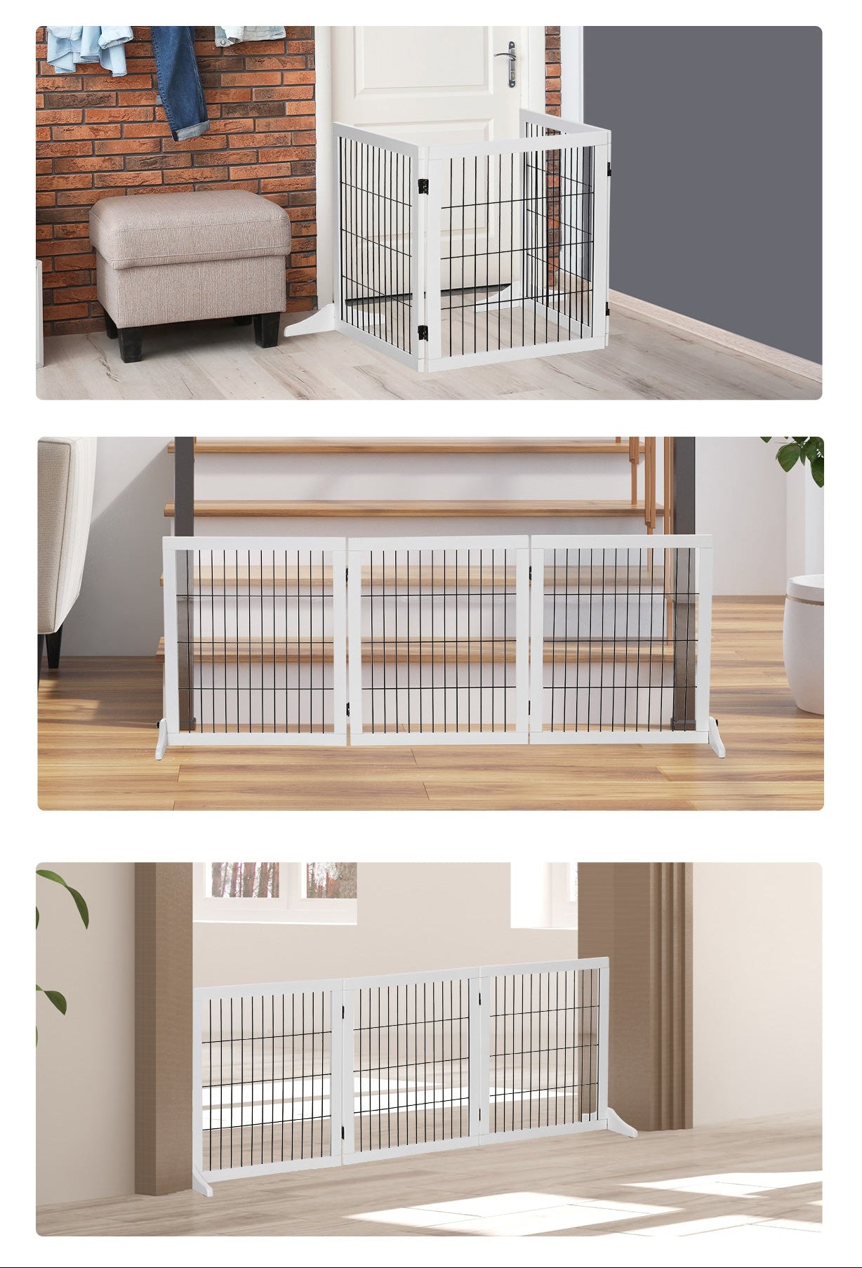 PawHut Justerbart Hundstaket i Massiv Furu med Stödfötter – Vit – 185 x 36 x 71 cm