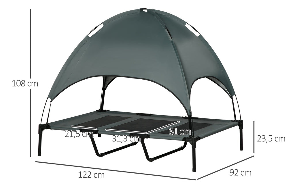 XXL Upphöjd Hundbädd med Soltak – Grå/Svart – 122 x 92 cm
