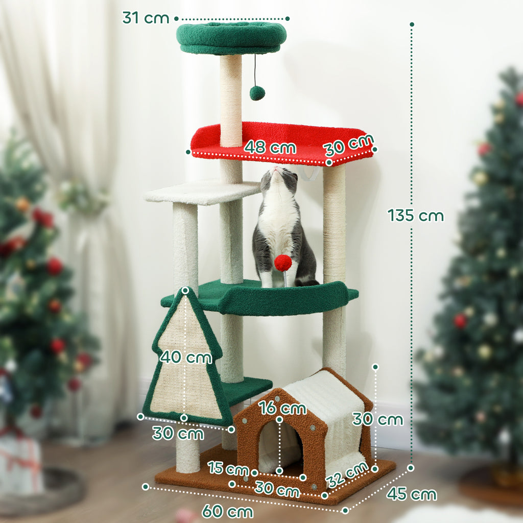 Julinspirerat klösträd för katt, 135 cm – Röd & Grön