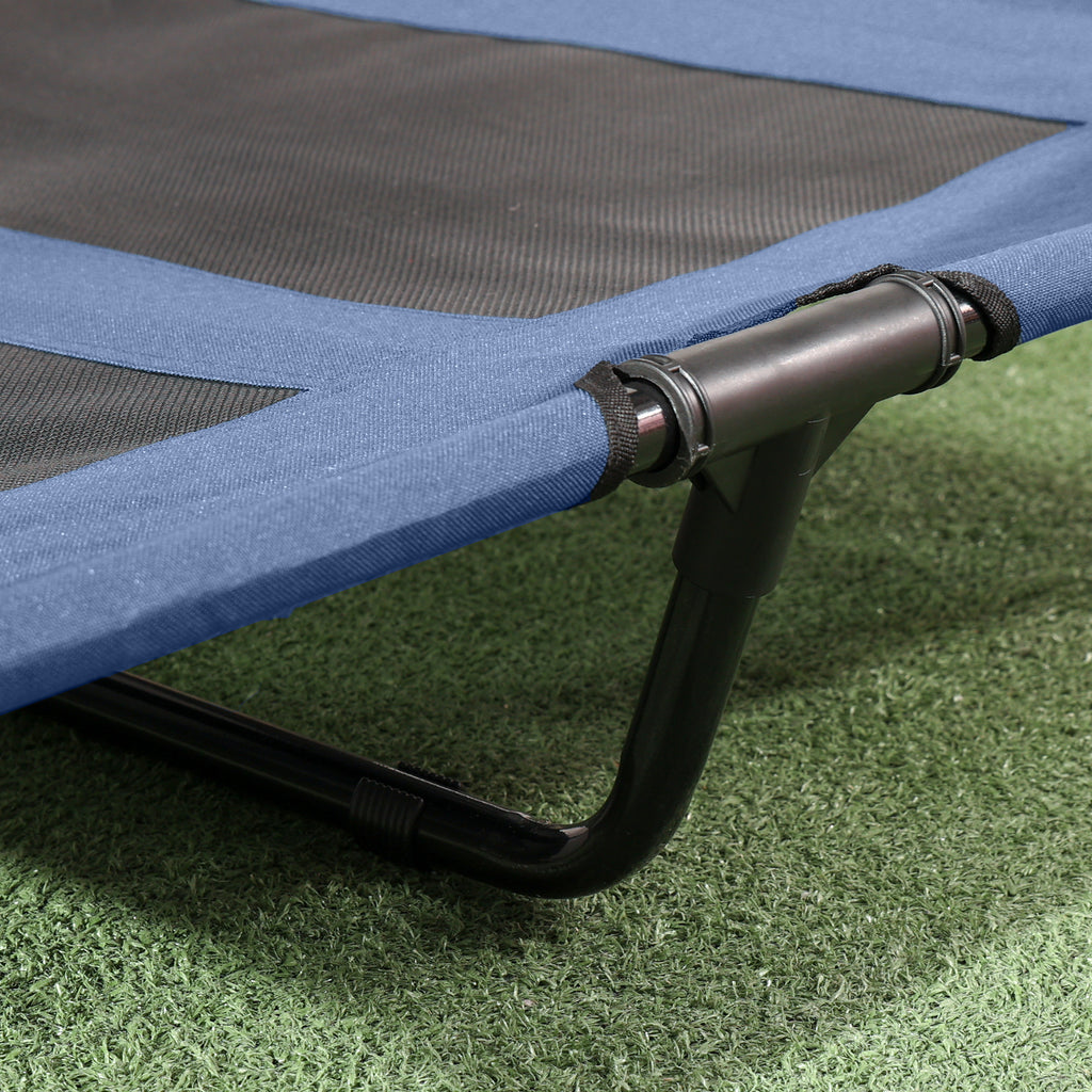 Extra Stor Upphöjd Hundsäng med Solskydd – XL Utomhusbädd, Blå/Svart, 122x92x108 cm