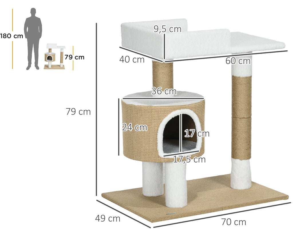 Klösträd för stora katter med rymlig koja och säng – Natur/Vit, 79 cm