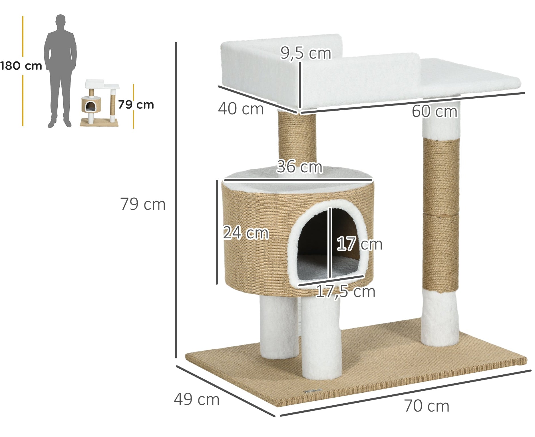 Klösträd för stora katter med rymlig koja och säng – Natur/Vit, 79 cm