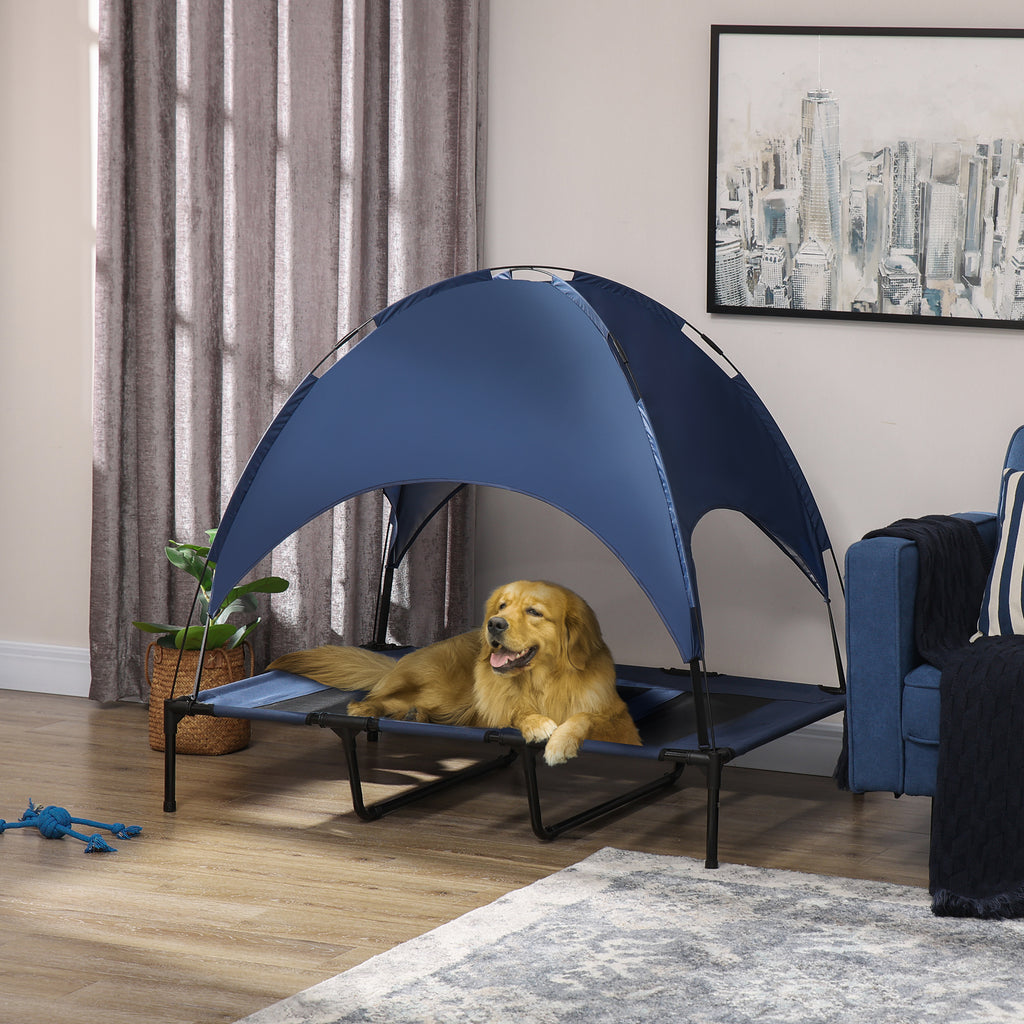 Extra Stor Upphöjd Hundsäng med Solskydd – XL Utomhusbädd, Blå/Svart, 122x92x108 cm