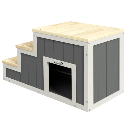 2-i-1 Hundtrappa och Hundhus – 3 Steg i Furu, Natur/Vit, 79x38,5x45 cm