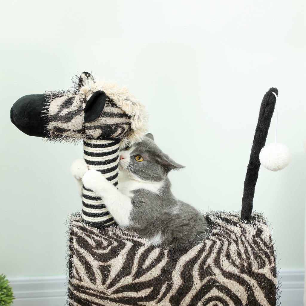 Klösträd i zebradesign med tunnel och leksaksboll – Svart/Vit, 93 cm