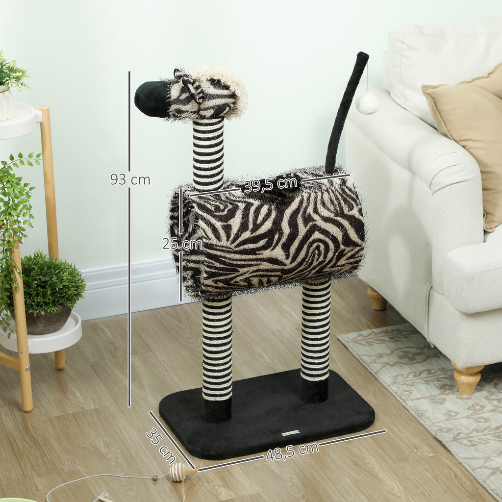 Klösträd i zebradesign med tunnel och leksaksboll – Svart/Vit, 93 cm