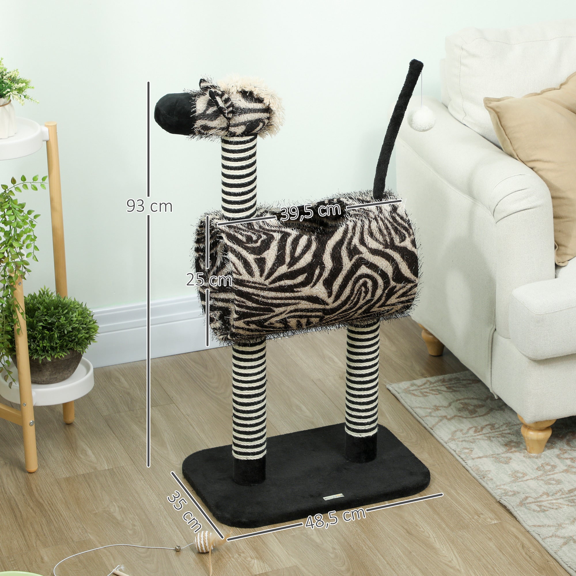 Klösträd i zebradesign med tunnel och leksaksboll – Svart/Vit, 93 cm
