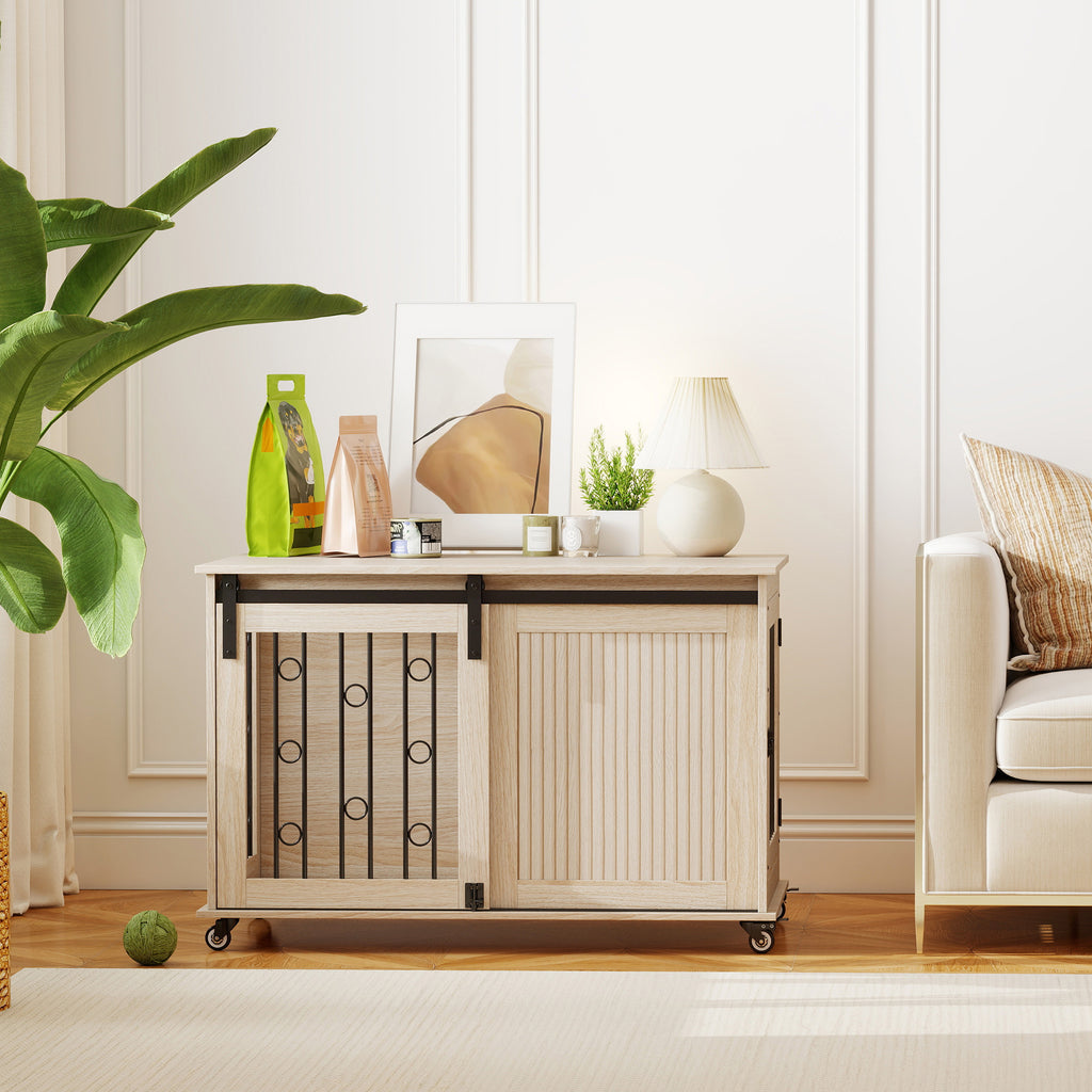 Hundbur i Möbelstil med Hjul – Skjutdörr & Robust Design (Ek/Svart)