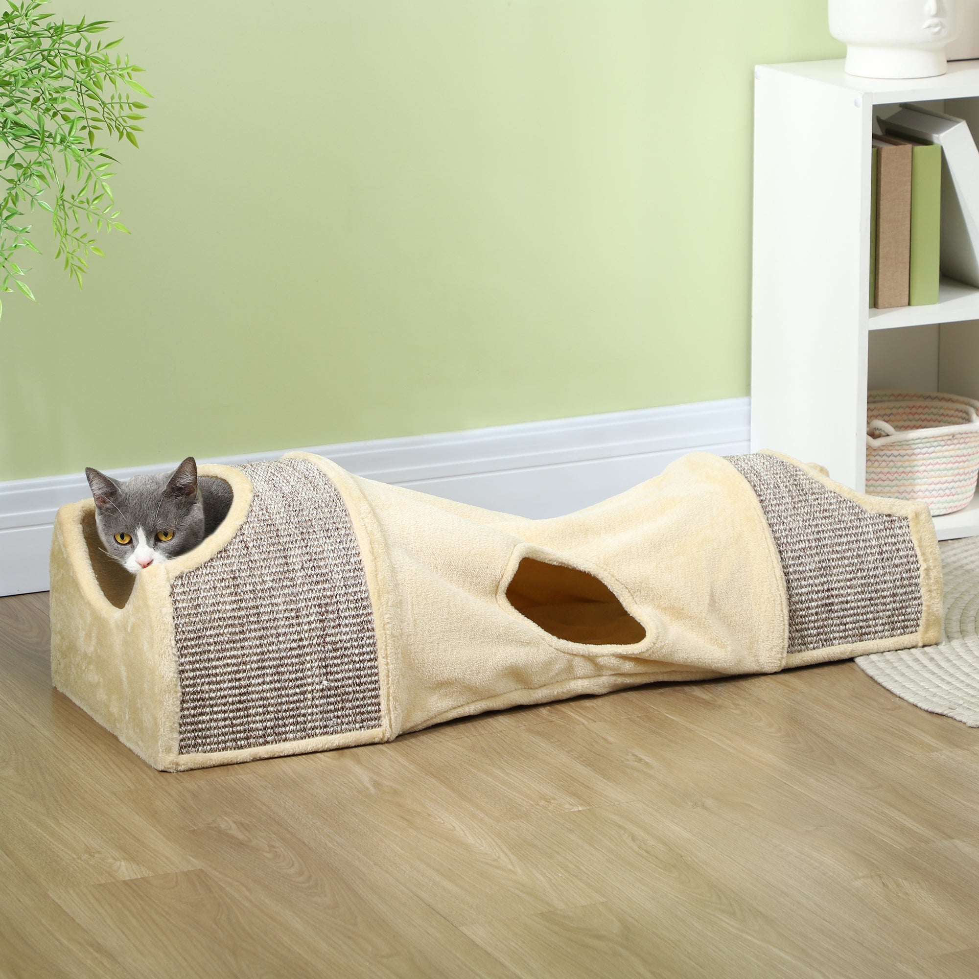 Katttunnel med 3 öppningar och två krypin – Beige/Grå, 107 cm