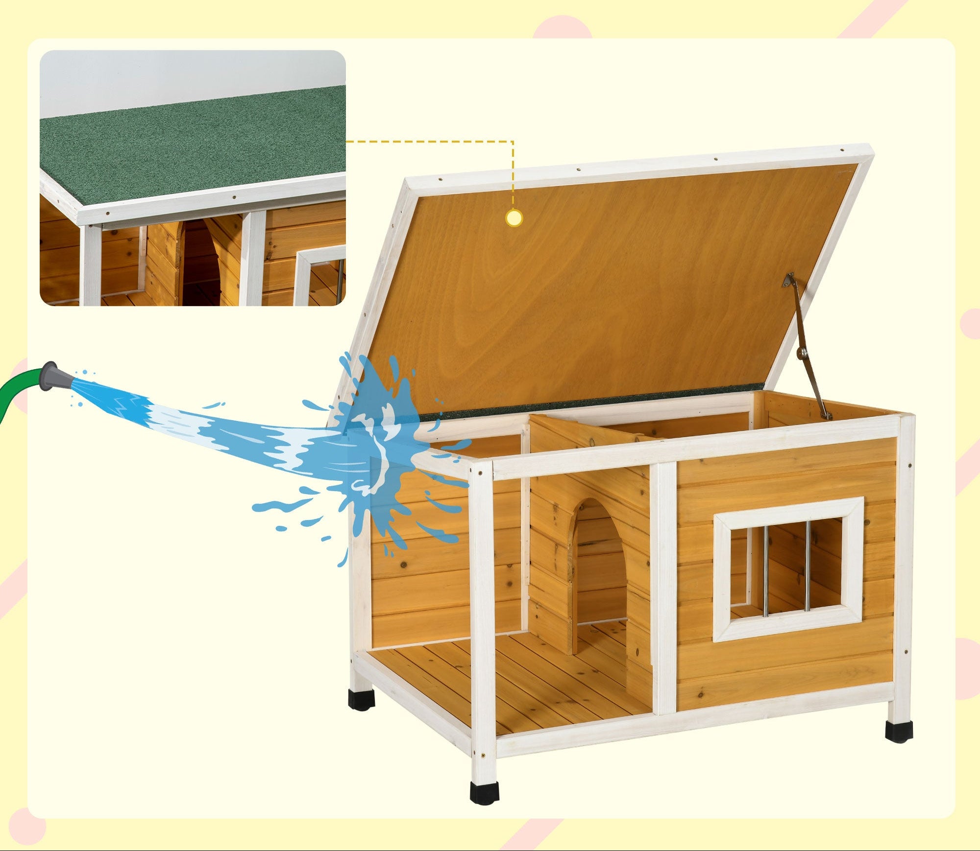 Klassisk Hundkoja med Veranda och Öppningsbart Tak – Orange/Vit, 85,5x62x60 cm