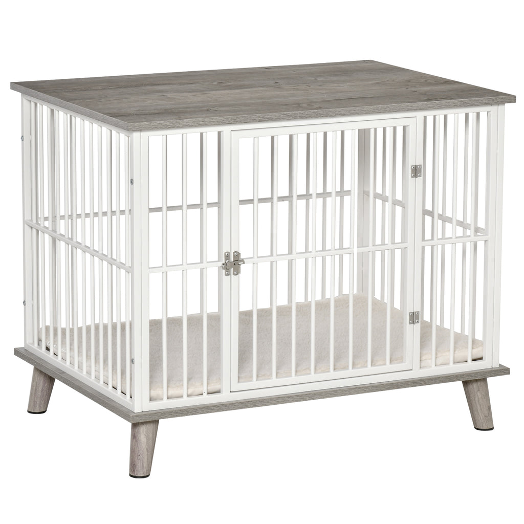 PawHut Dekorativ Hundbur Möbel med Dyna – Vit/Grå – 86 x 60 x 70 cm