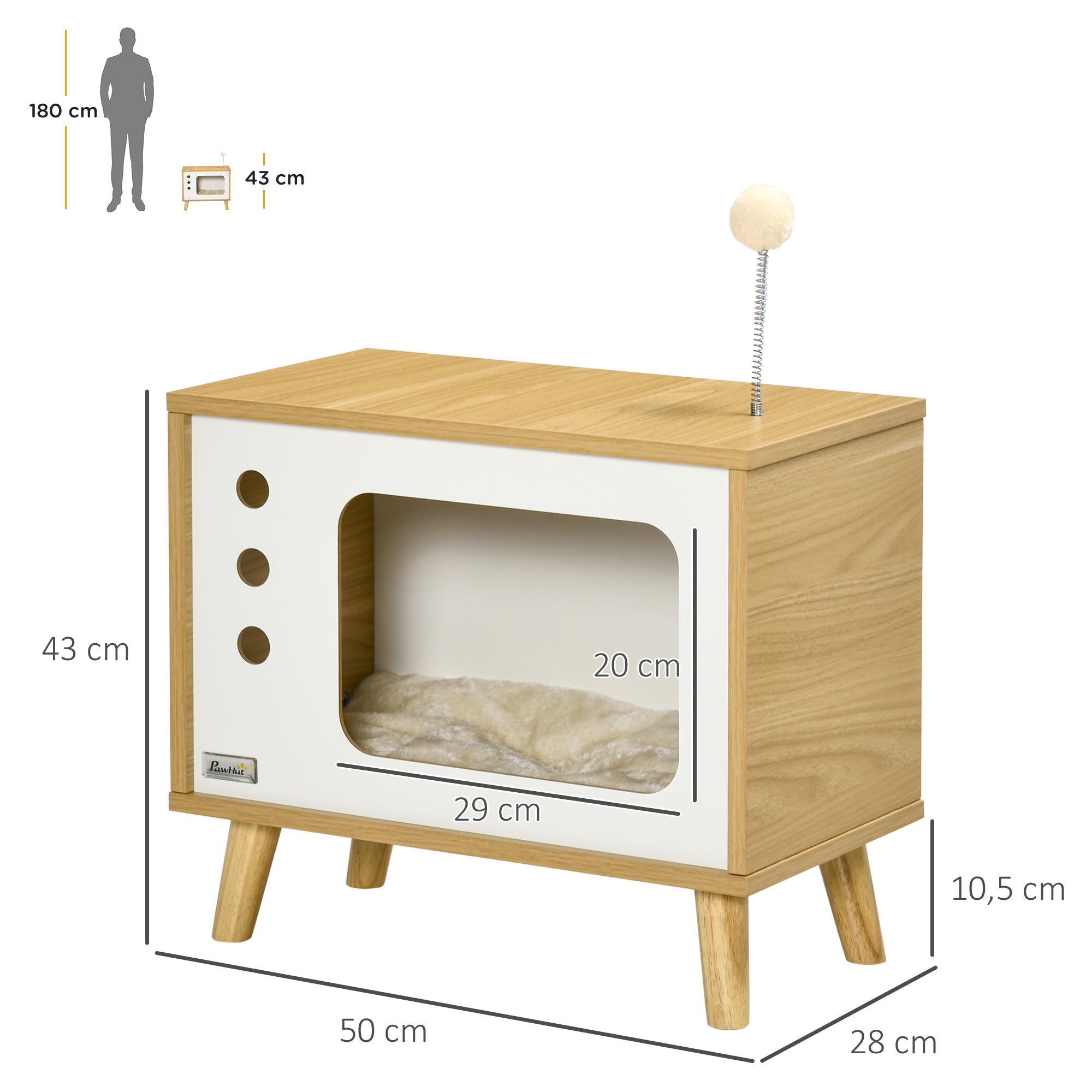 Kattgrotta i TV-design med leksak och tvättbar dyna – Ek/Vit, 50 cm