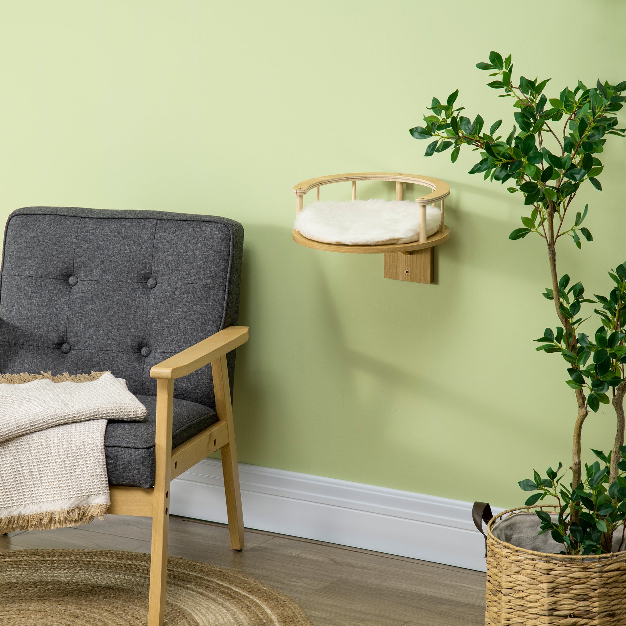 Vägghängd kattbädd med skyddskant – Ek/Cremevit