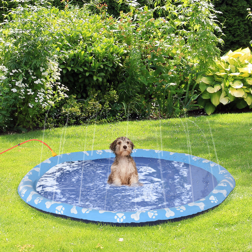 PawHut Hundpool med Vattenspridare – Uppblåsbar & Halkfri – Blå – Ø150 cm