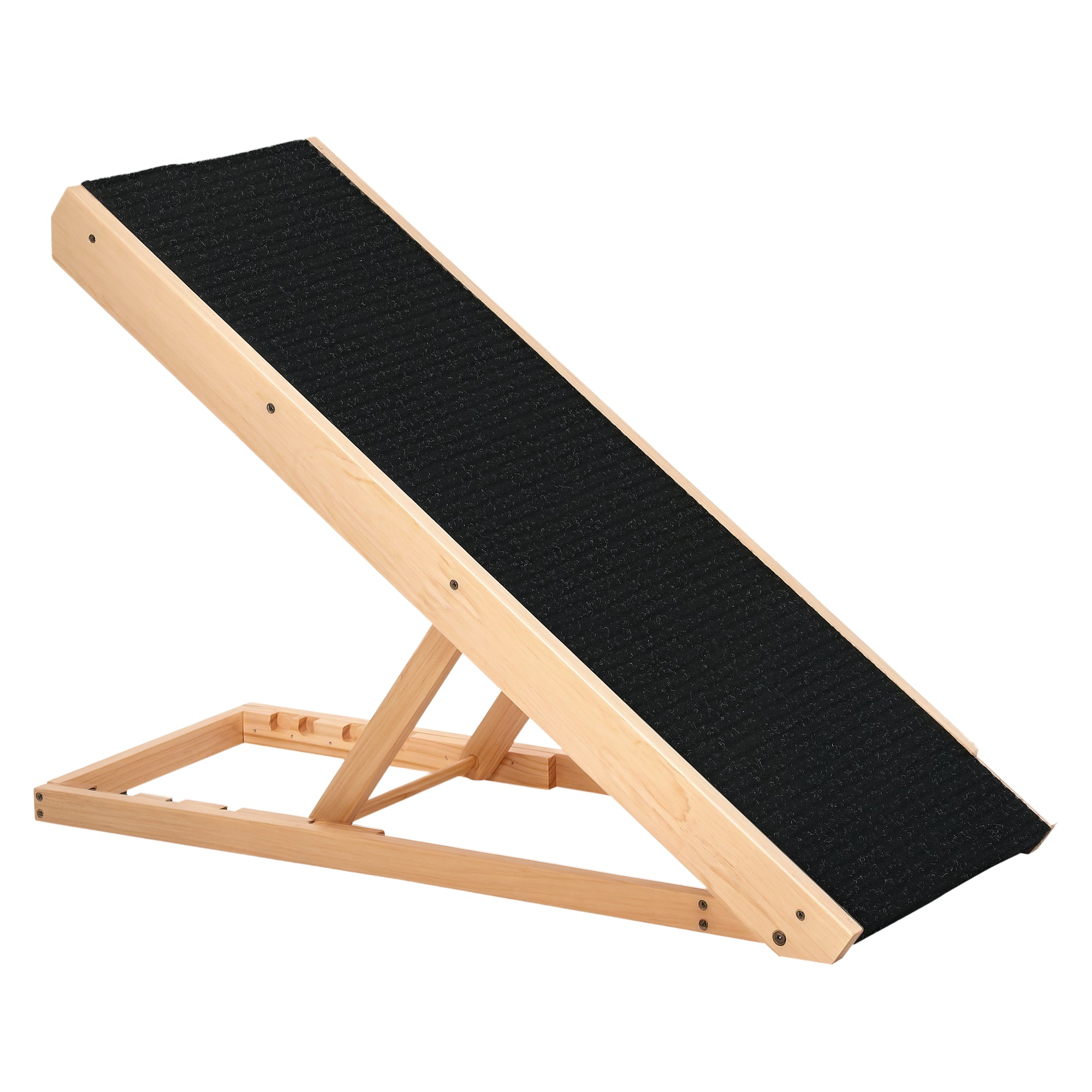 PawHut Justerbar Hundramp i Furu med Halkfri Matta – Natur/Svart – 90 cm