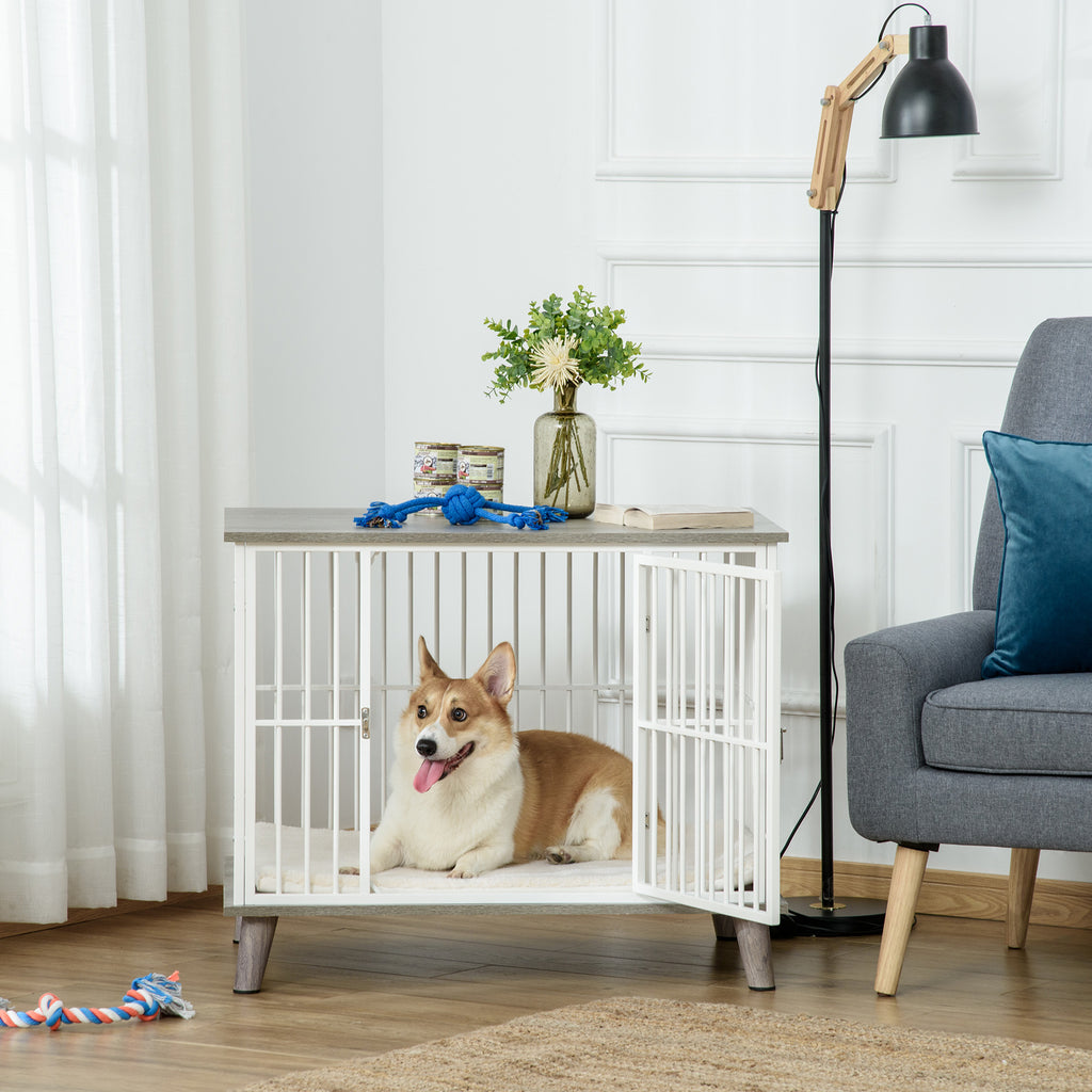 PawHut Dekorativ Hundbur Möbel med Dyna – Vit/Grå – 86 x 60 x 70 cm