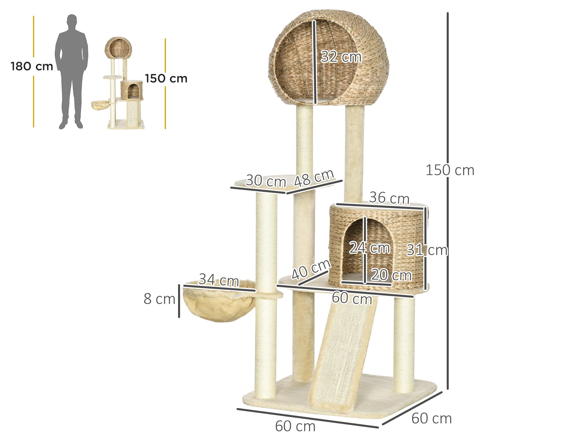 Klösträd med två hus, hängmatta och klösmatta – Beige, 150 cm
