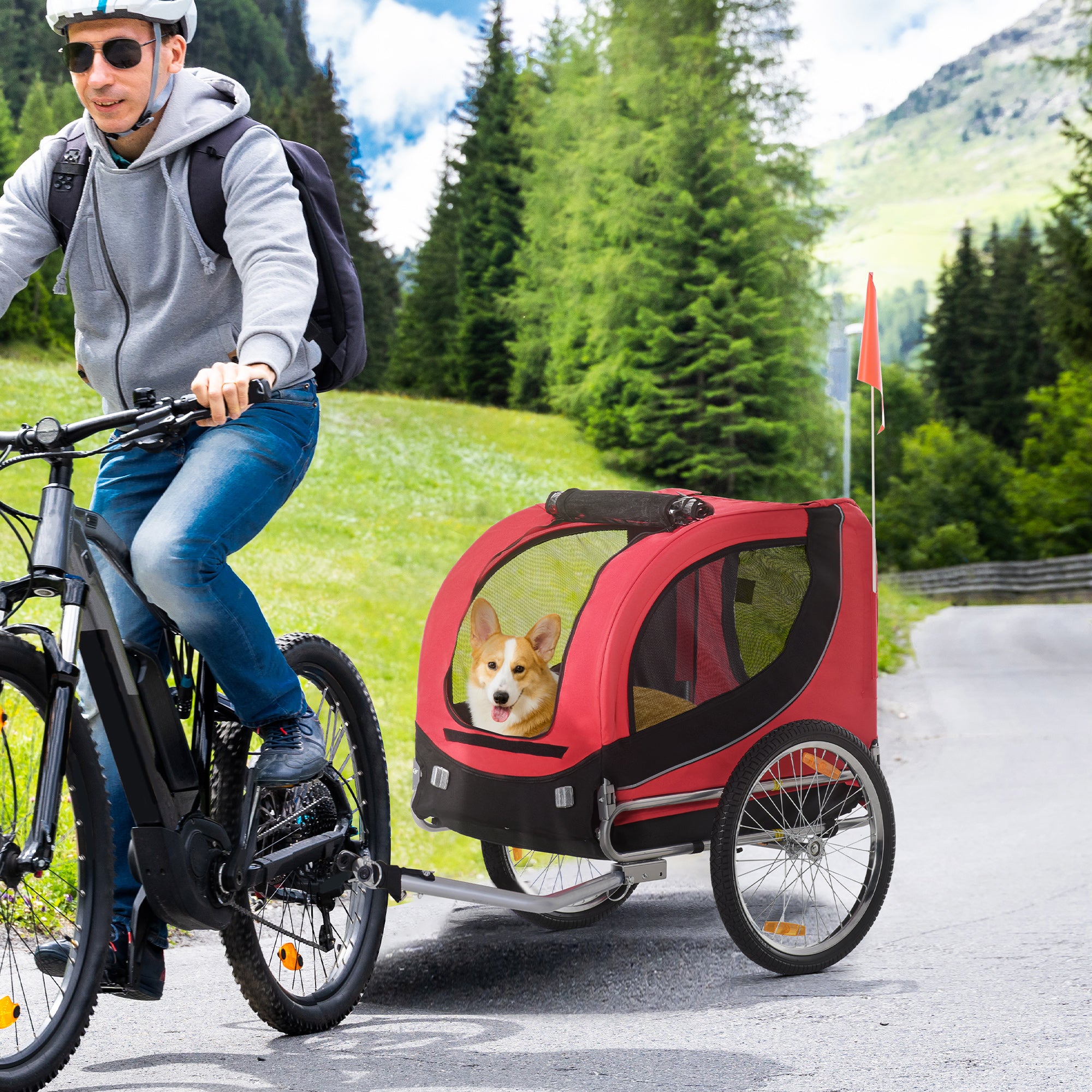 Hopfällbar Cykelvagn för Hundar – Röd/Svart – Upp till 20 kg