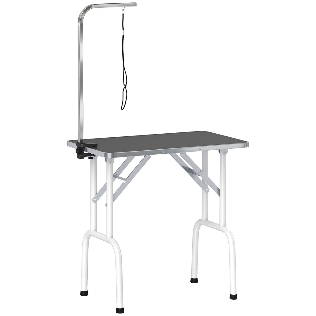 Hopfällbart hundtrimningsbord med justerbar arm – Svart och vit design