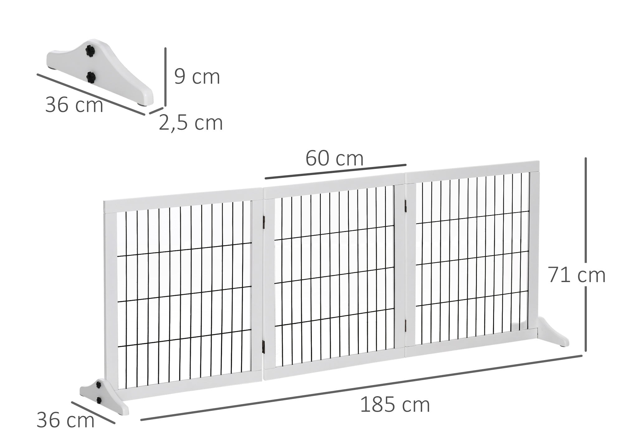 PawHut Justerbart Hundstaket i Massiv Furu med Stödfötter – Vit – 185 x 36 x 71 cm