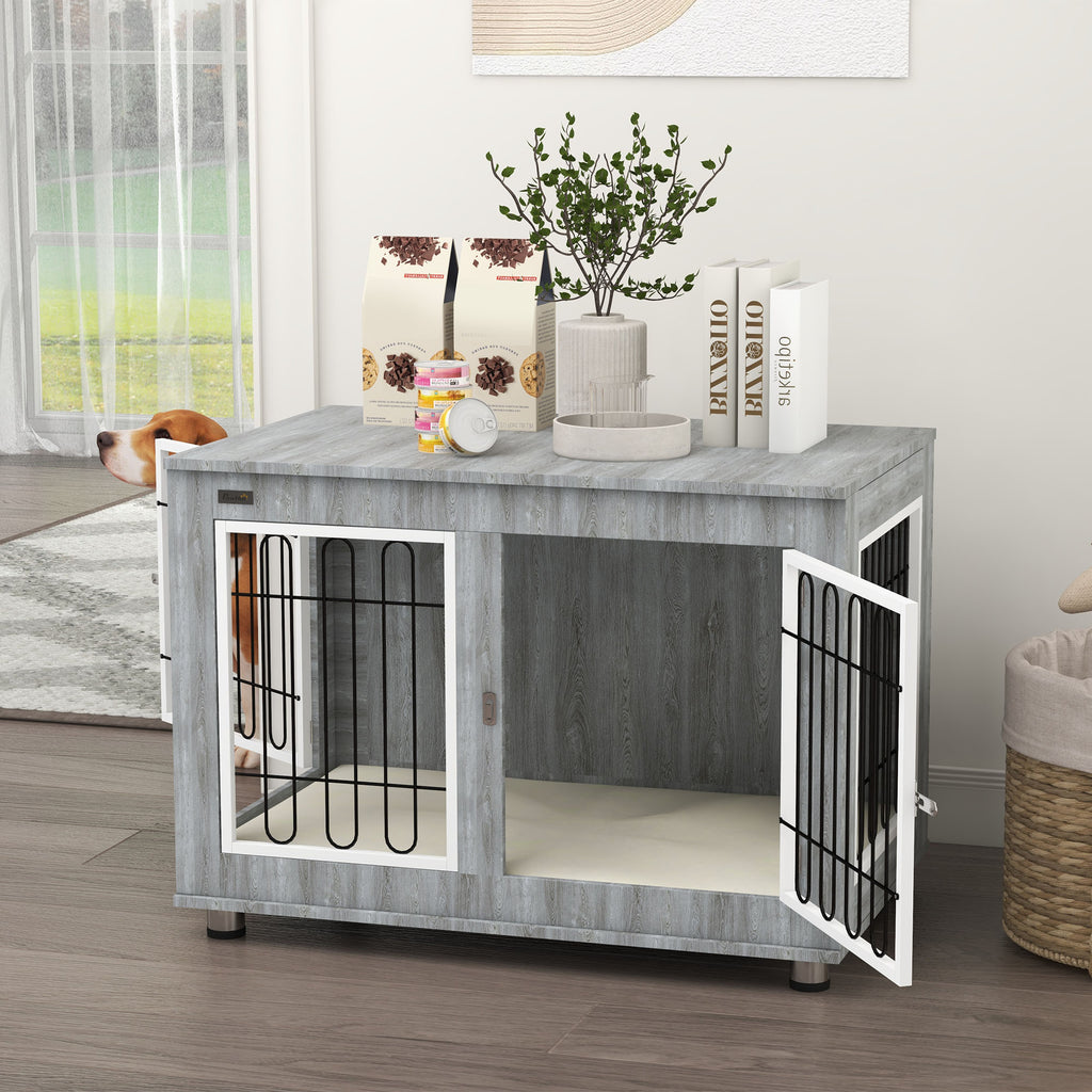 Modern Hundbur i Möbelstil med Tvättbar Dyna, Grå, 90x58x65 cm