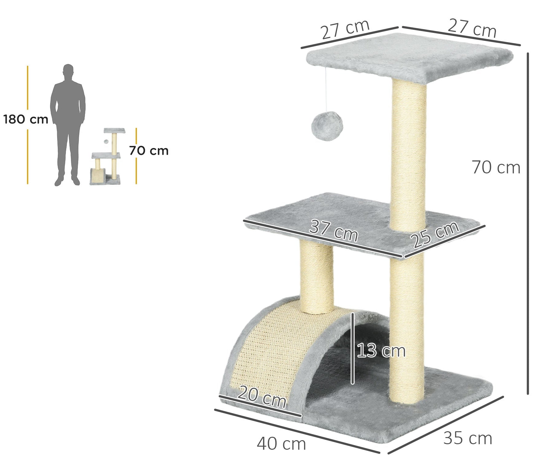 Klösträd med utsiktsplattform och böjd klösbräda – Ljusgrå, 72 cm