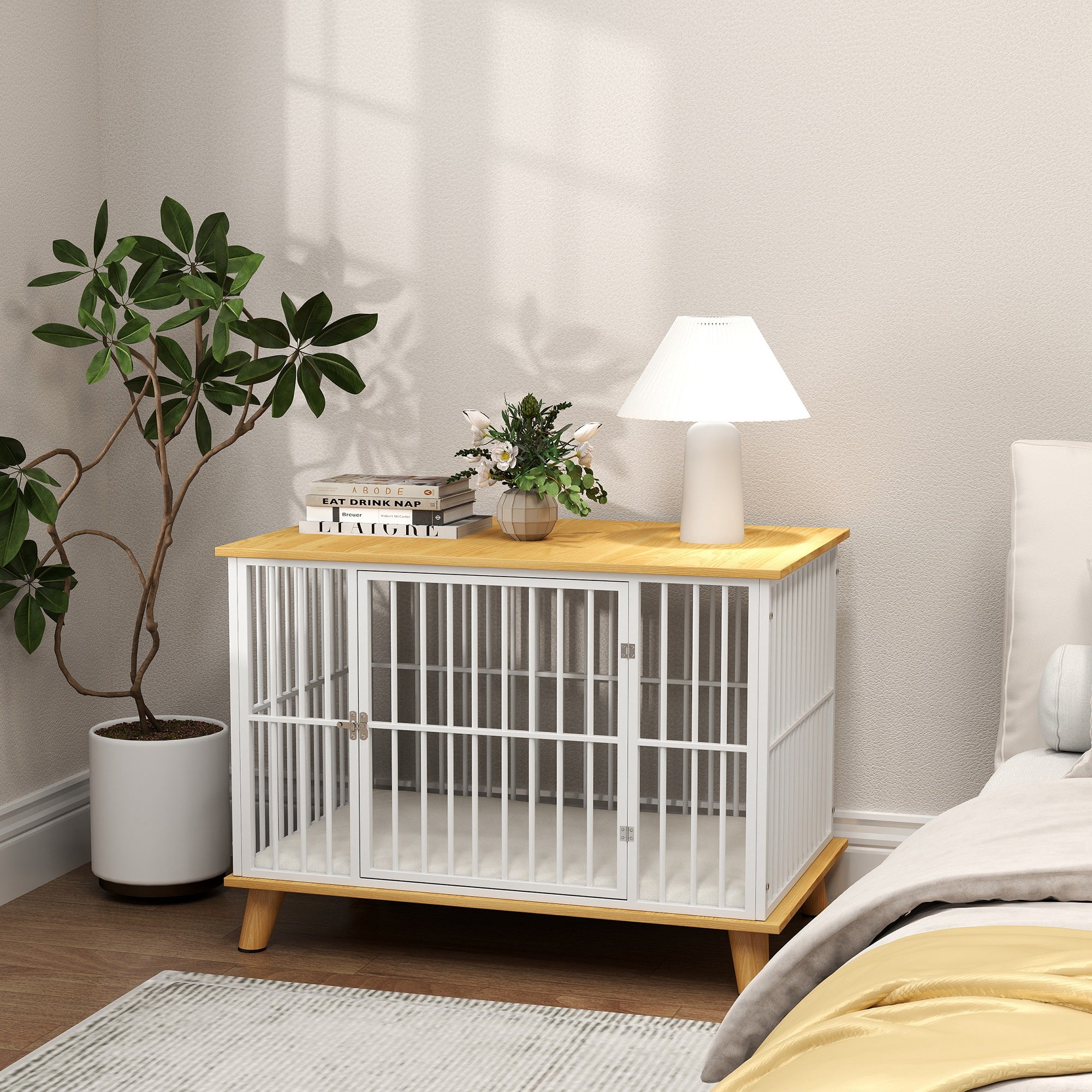 Hundbur i Möbeldesign – Stilren Inomhuskoja med Dyna (Vit/Ek, 86 cm)