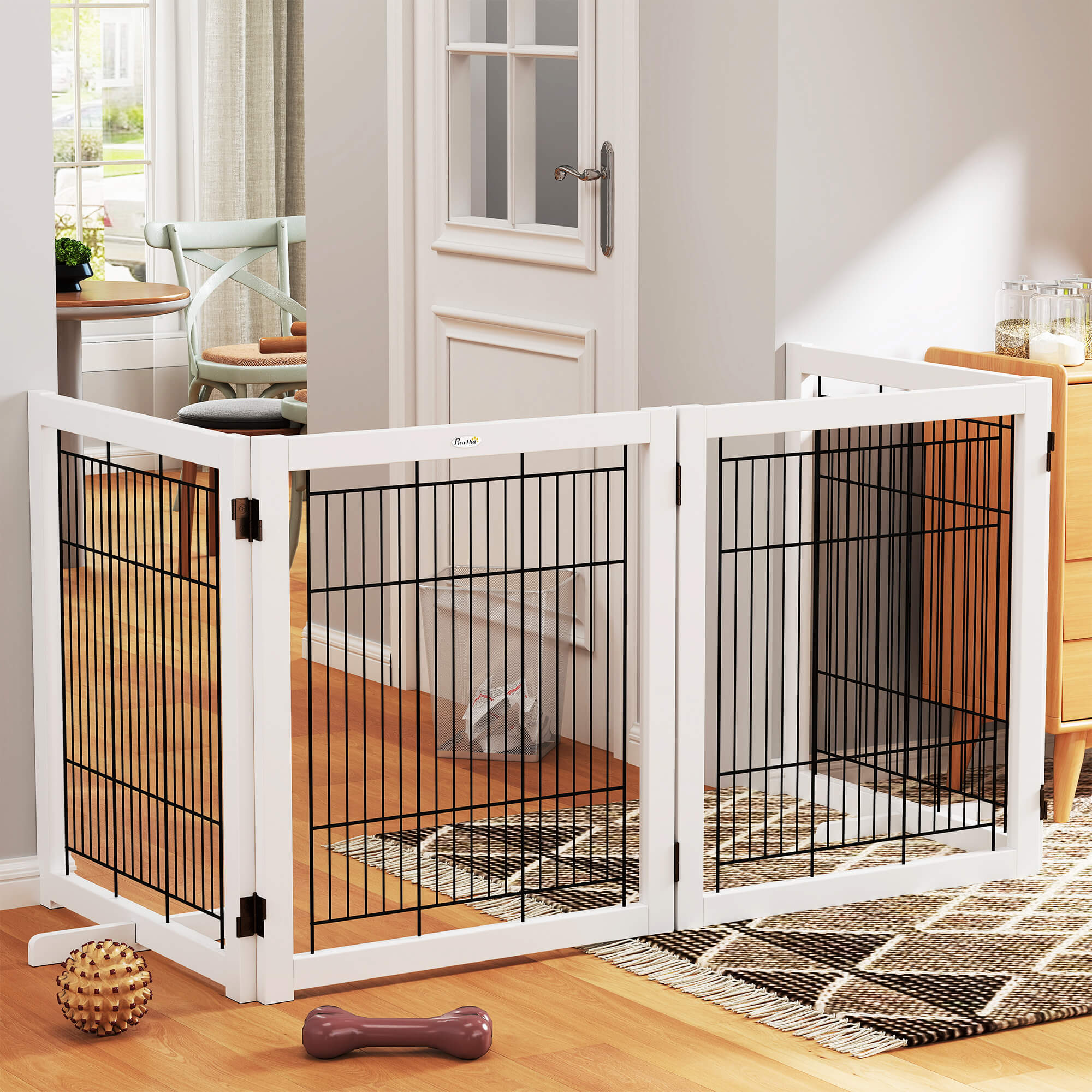PawHut Fristående Säkerhetsgrind i Trä – 4 Paneler – Vit – 305 x 82 cm
