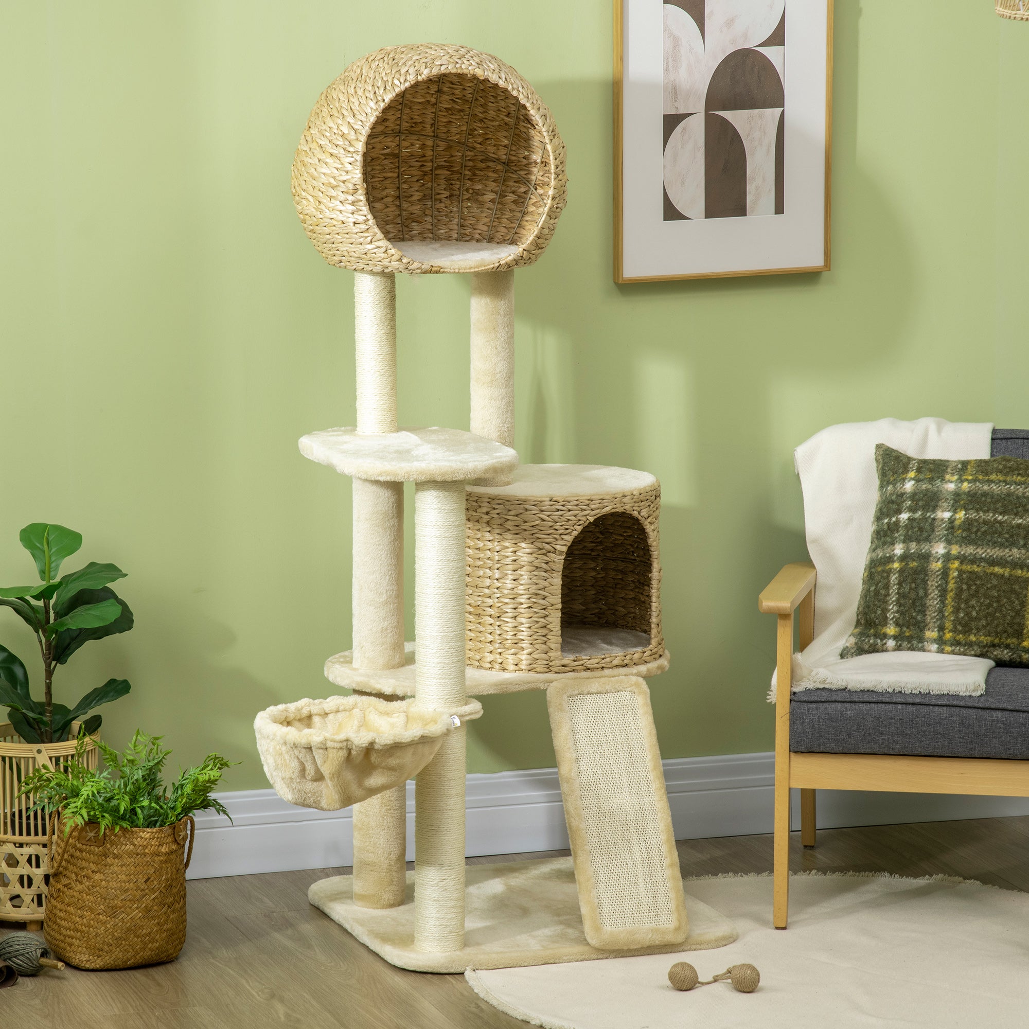 Klösträd med två hus, hängmatta och klösmatta – Beige, 150 cm