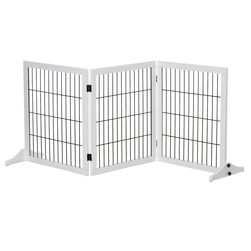 PawHut Justerbart Hundstaket i Massiv Furu med Stödfötter – Vit – 185 x 36 x 71 cm