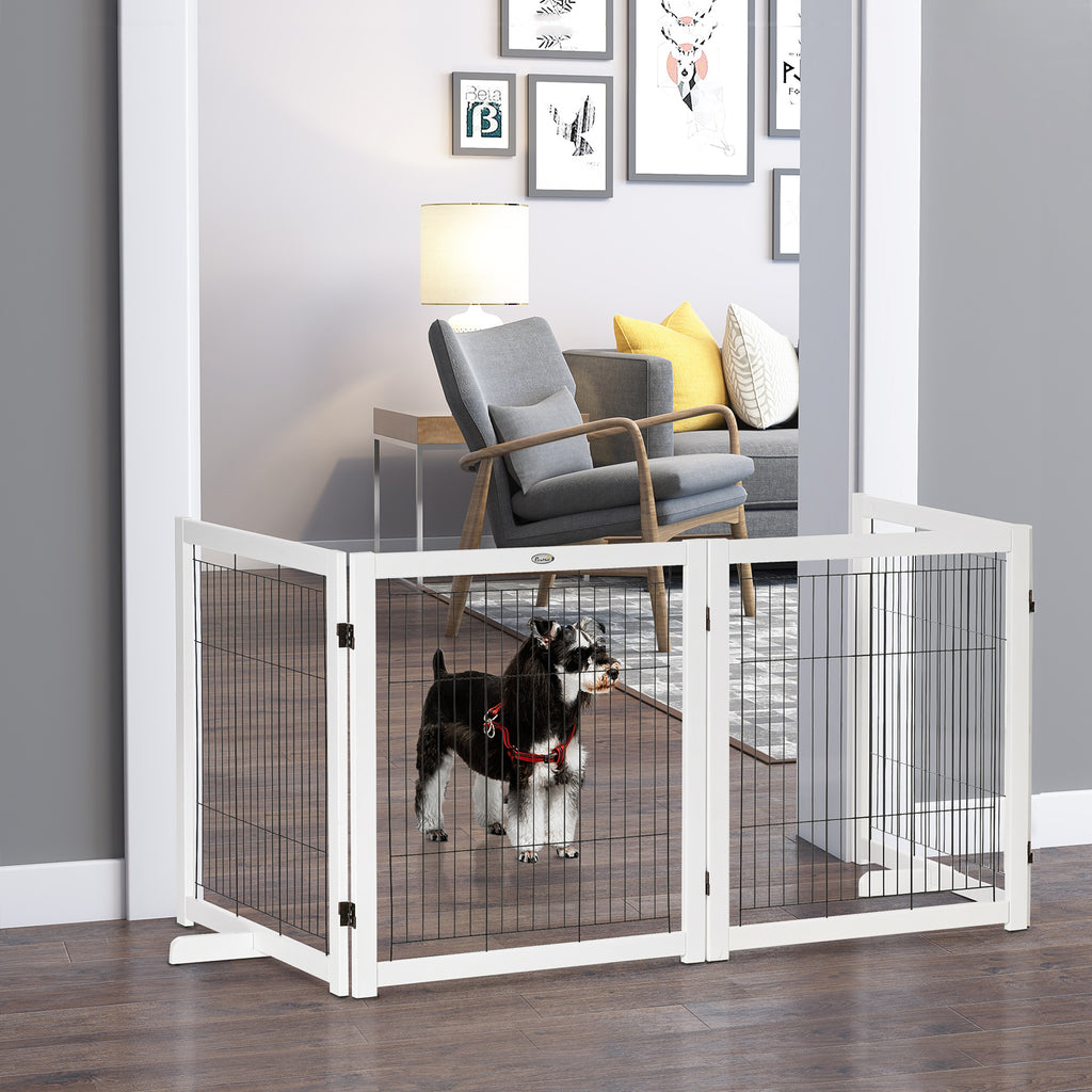 PawHut Fristående Säkerhetsgrind i Trä – 4 Paneler – Vit – 305 x 82 cm