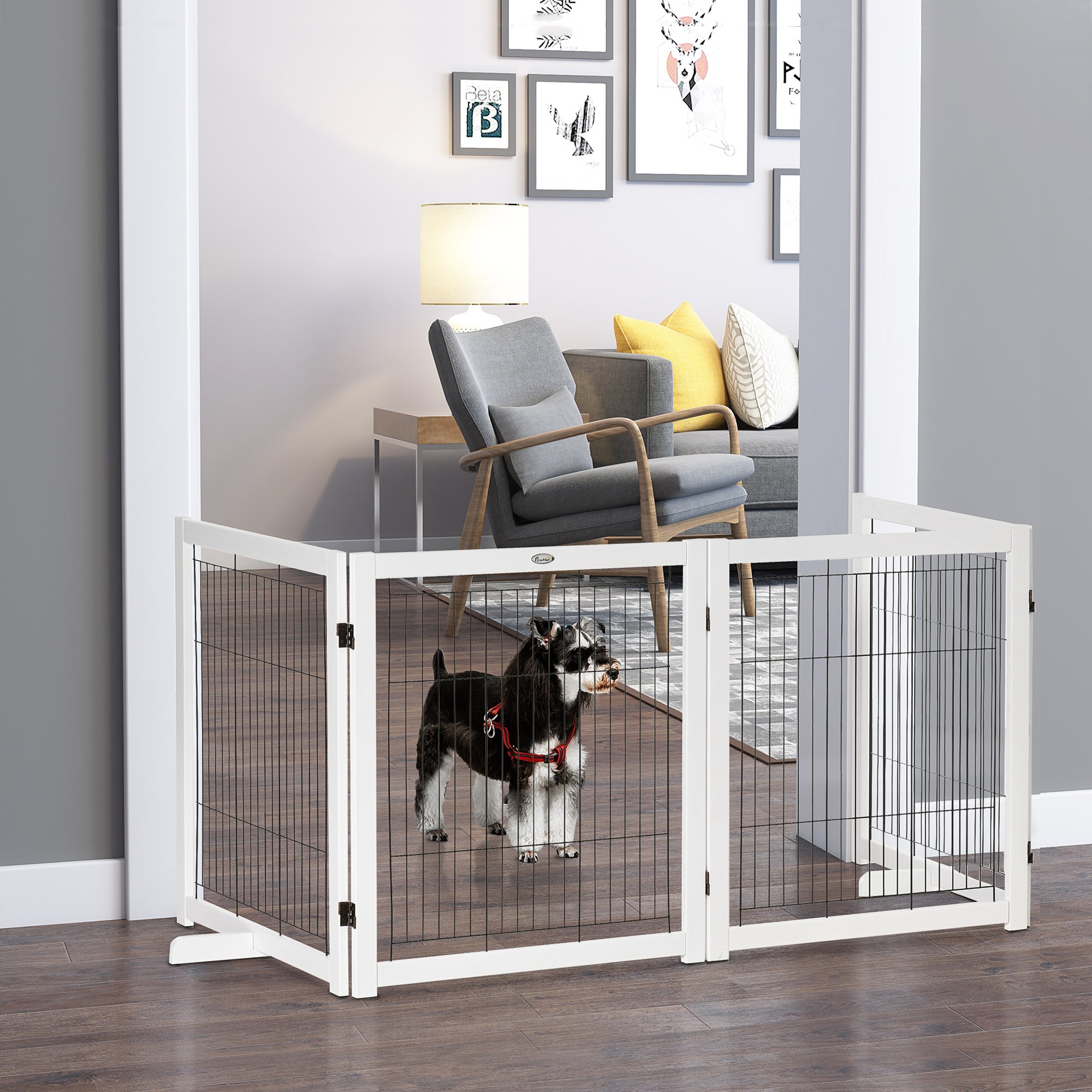 PawHut Fristående Säkerhetsgrind i Trä – 4 Paneler – Vit – 305 x 82 cm