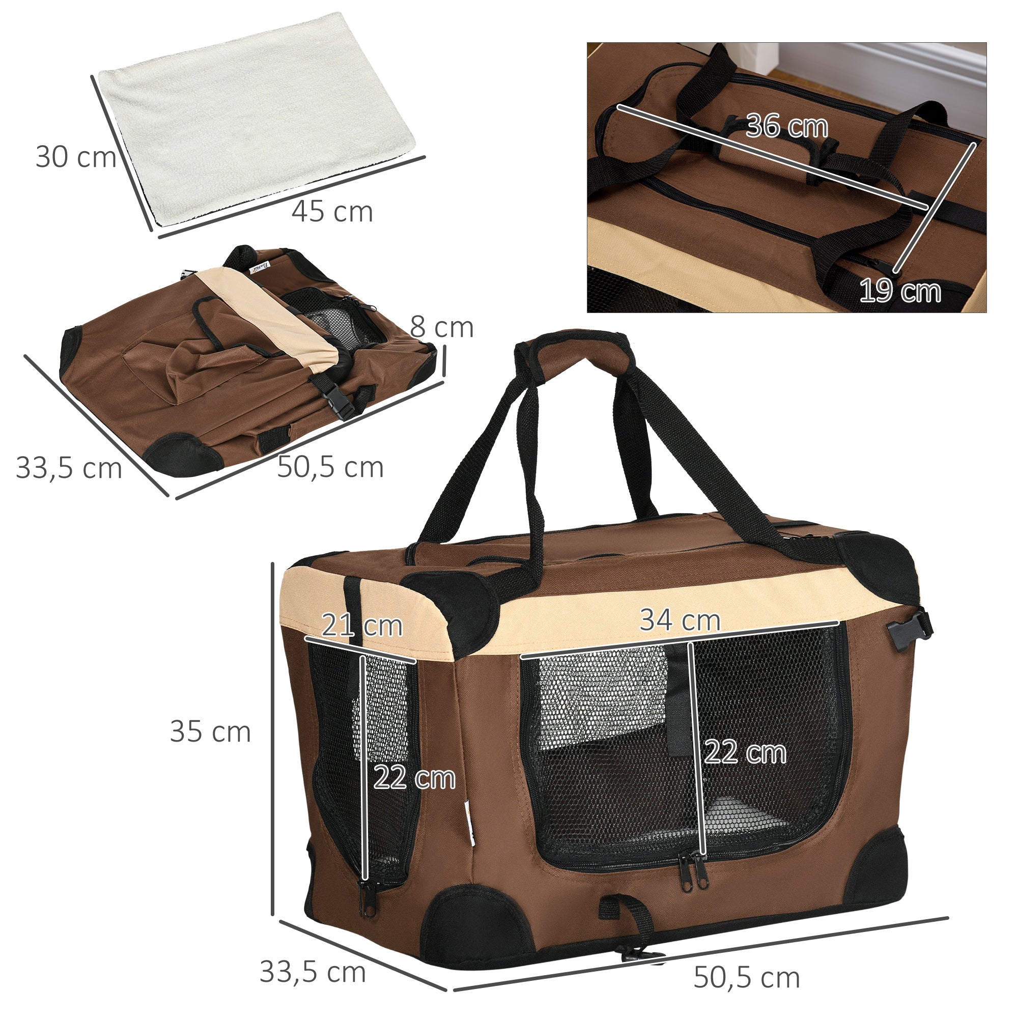 PawHut Fällbar Transportväska för Hund och Katt – Brun/Beige – 51 x 34 x 35 cm
