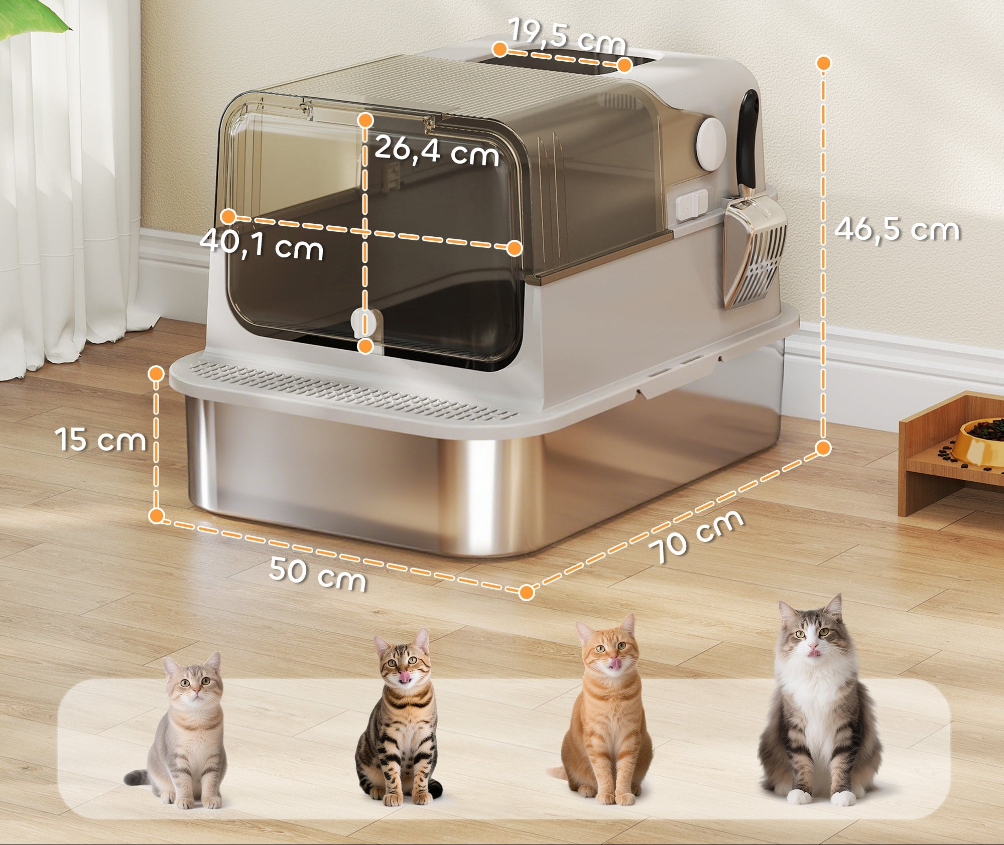 XXL Kattlåda i rostfritt stål med fällbart lock – För stora katter upp till 12 kg, Grå/Silver