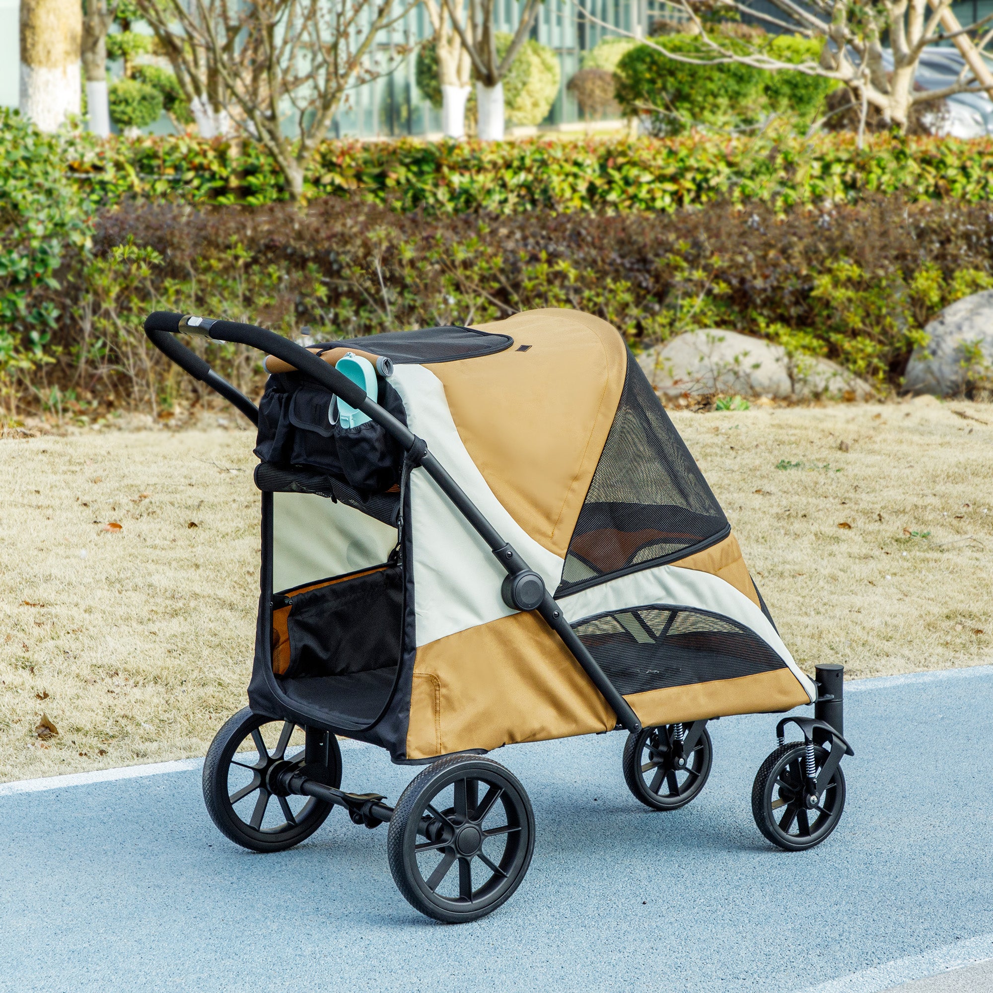 Hundvagn för Stora Hundar – Ihopfällbar su Stötdämpning (Brun, Max 30 kg)