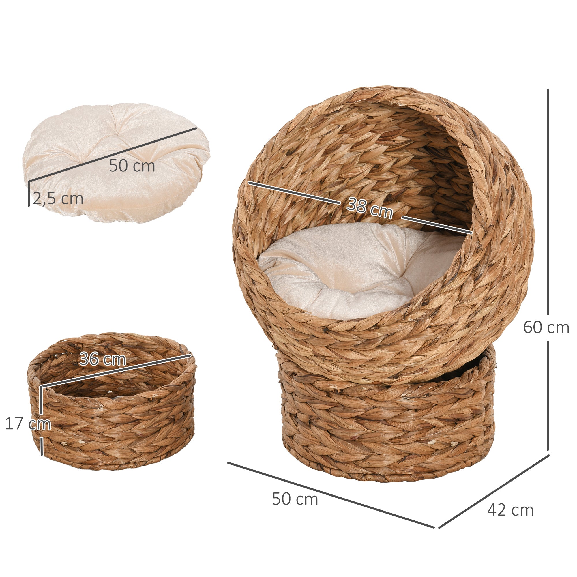 Kattgrotta i vattenhyacint med mjuk dyna – Brun, 60 cm