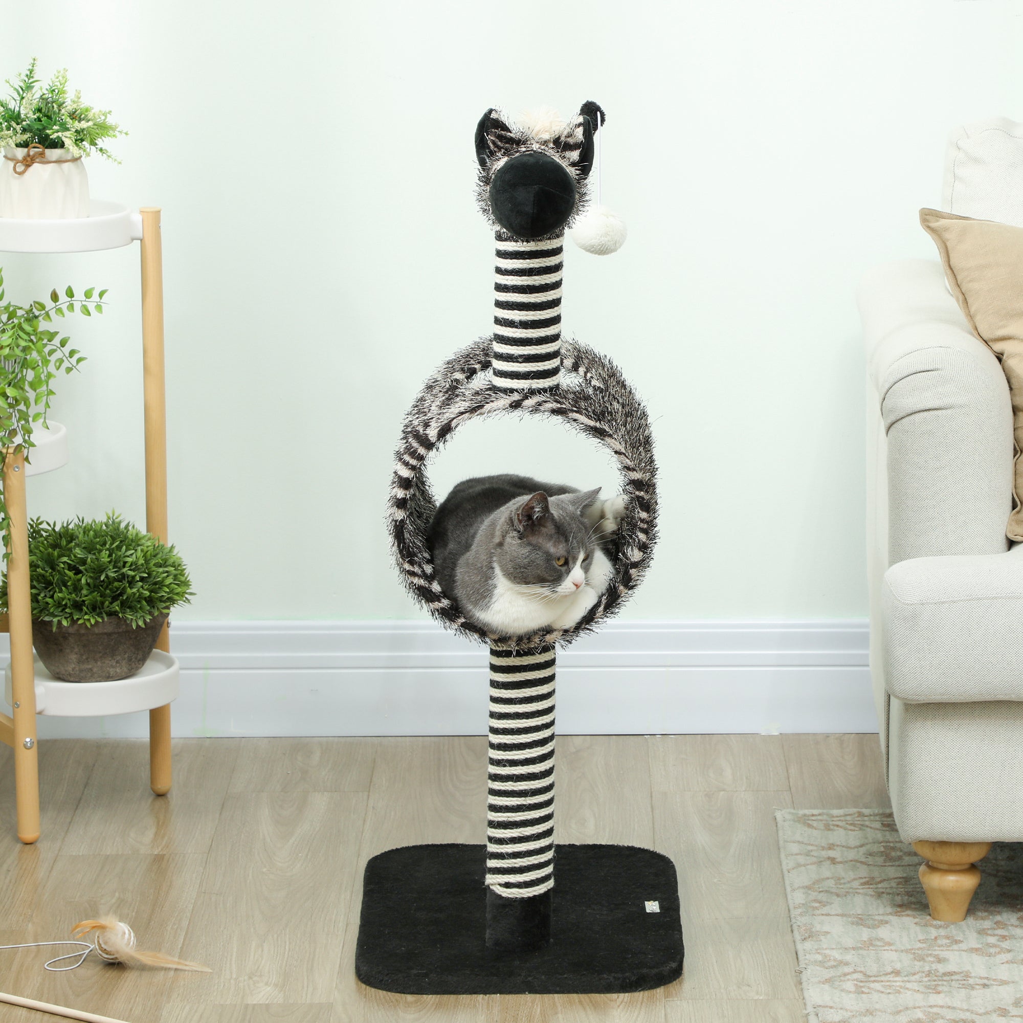 Klösträd i zebradesign med tunnel och leksaksboll – Svart/Vit, 93 cm