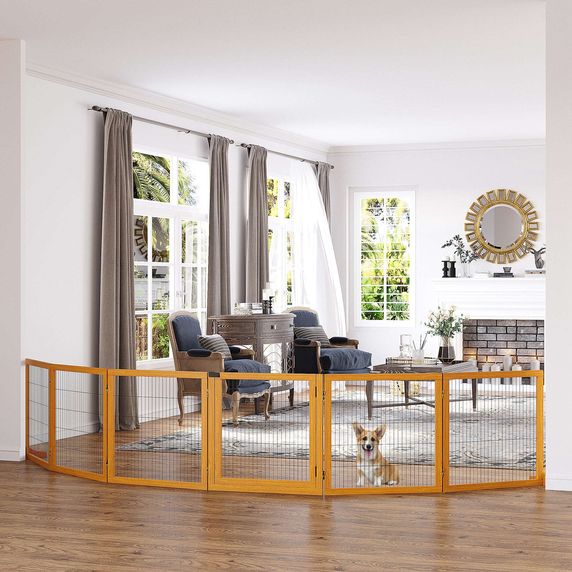 PawHut Justerbart Hundstaket i Massiv Furu – 6 Paneler – Gul – 432 cm