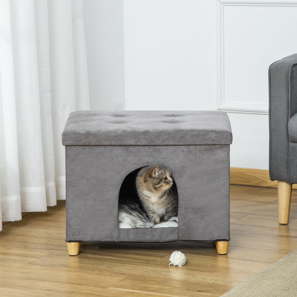 2-i-1 Kattgrotta och fotpall med mjuk dyna – Grå, 60 cm
