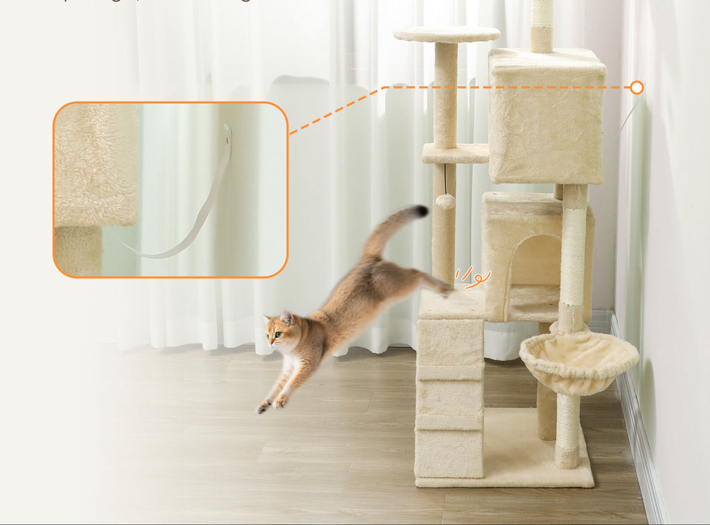 PawHut Klösträd med hängmatta, stege och dubbla kojor, 160 cm högt – Beige/Cremevit
