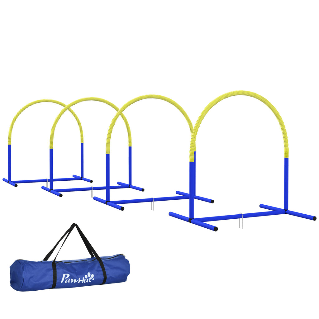 PawHut Agility-set för Hundar, 4 Bågar för Hinderbana, inkl. Bärväska, Blå/Gul