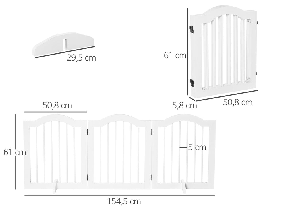 PawHut Fristående Säkerhetsgrind i Trä med Dörr – 3 Paneler – Vit – 154 cm