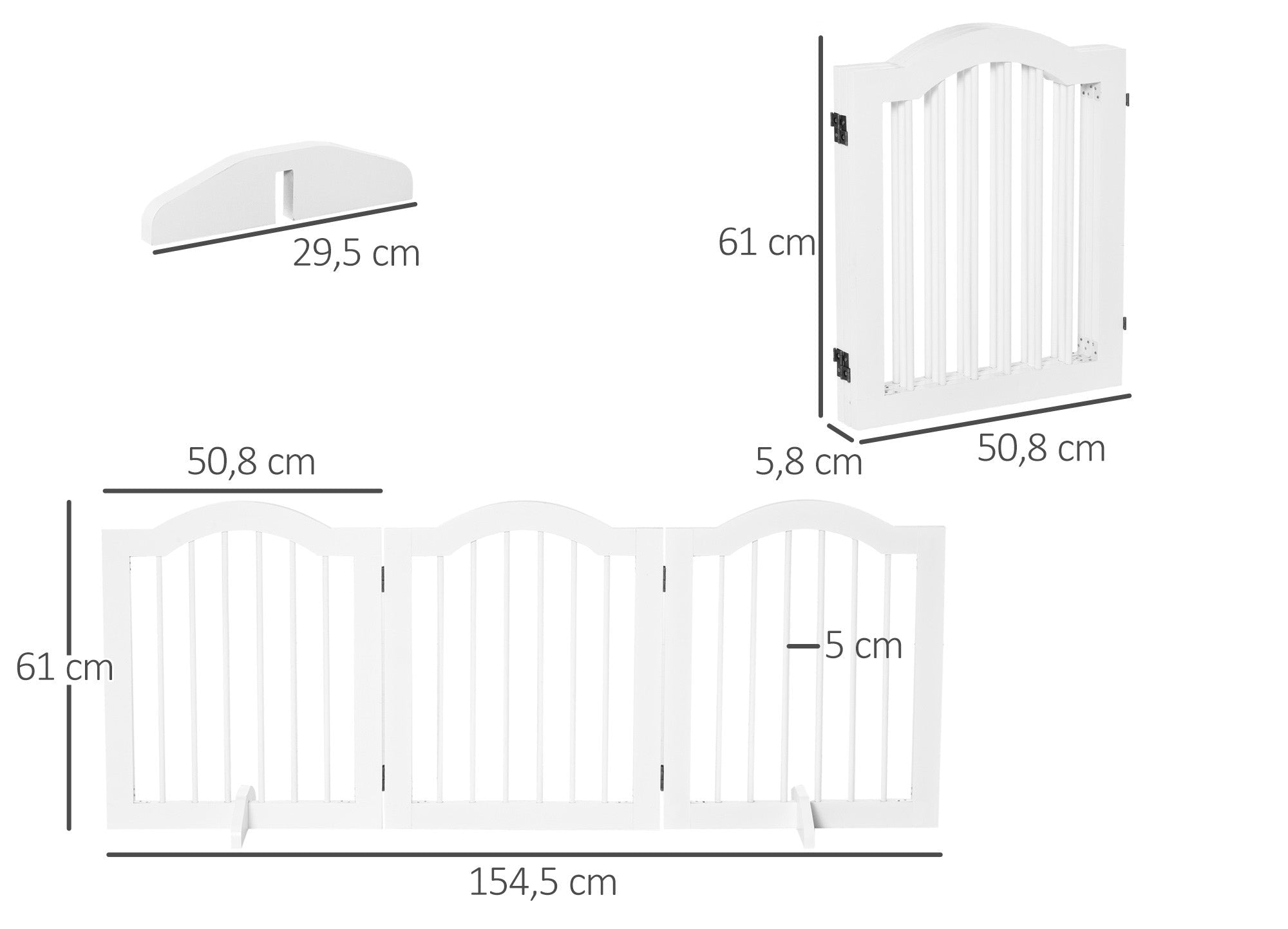 PawHut Fristående Säkerhetsgrind i Trä med Dörr – 3 Paneler – Vit – 154 cm