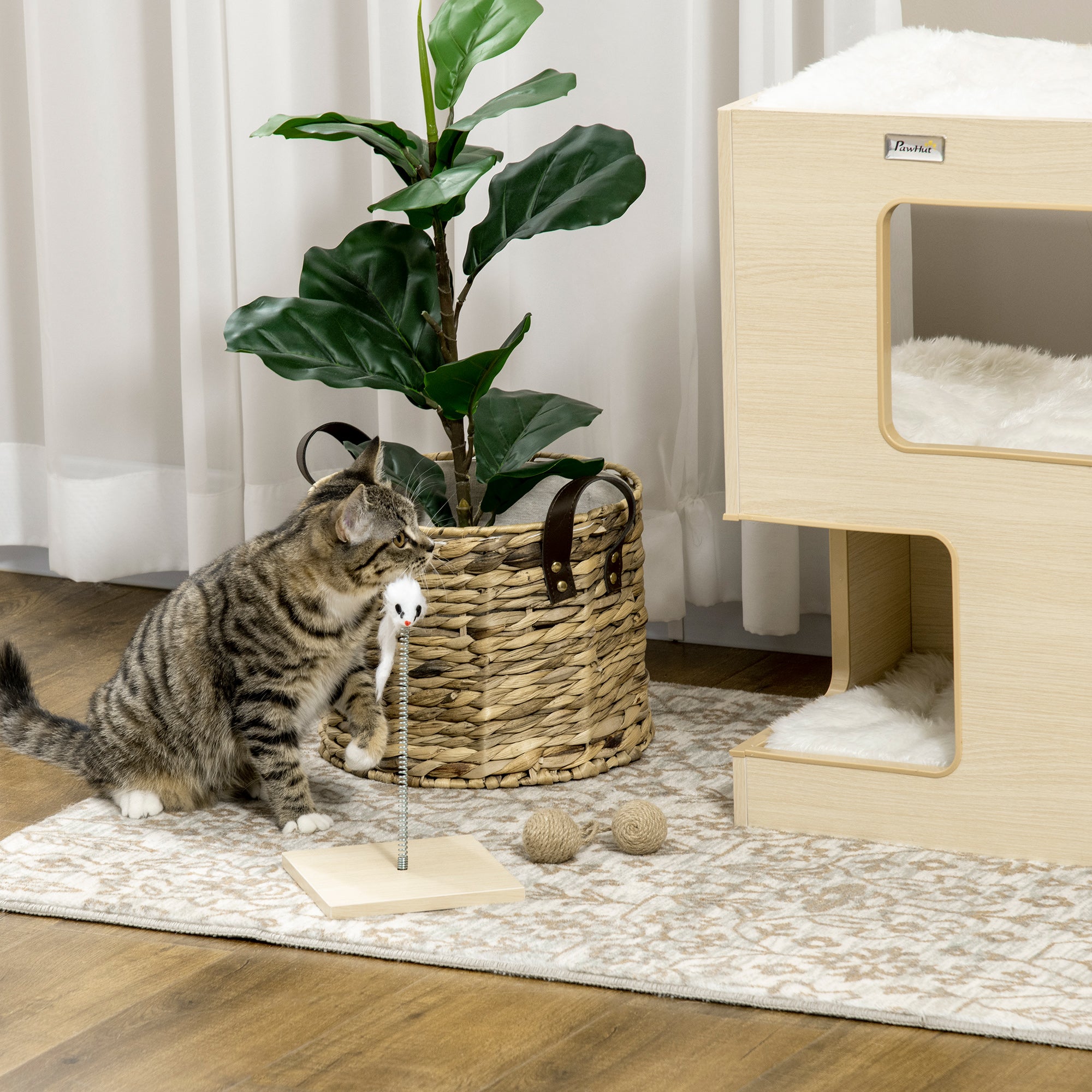 Kattgrotta i tre nivåer med leksaksmus – Natur/Ljusgrå, 60 cm