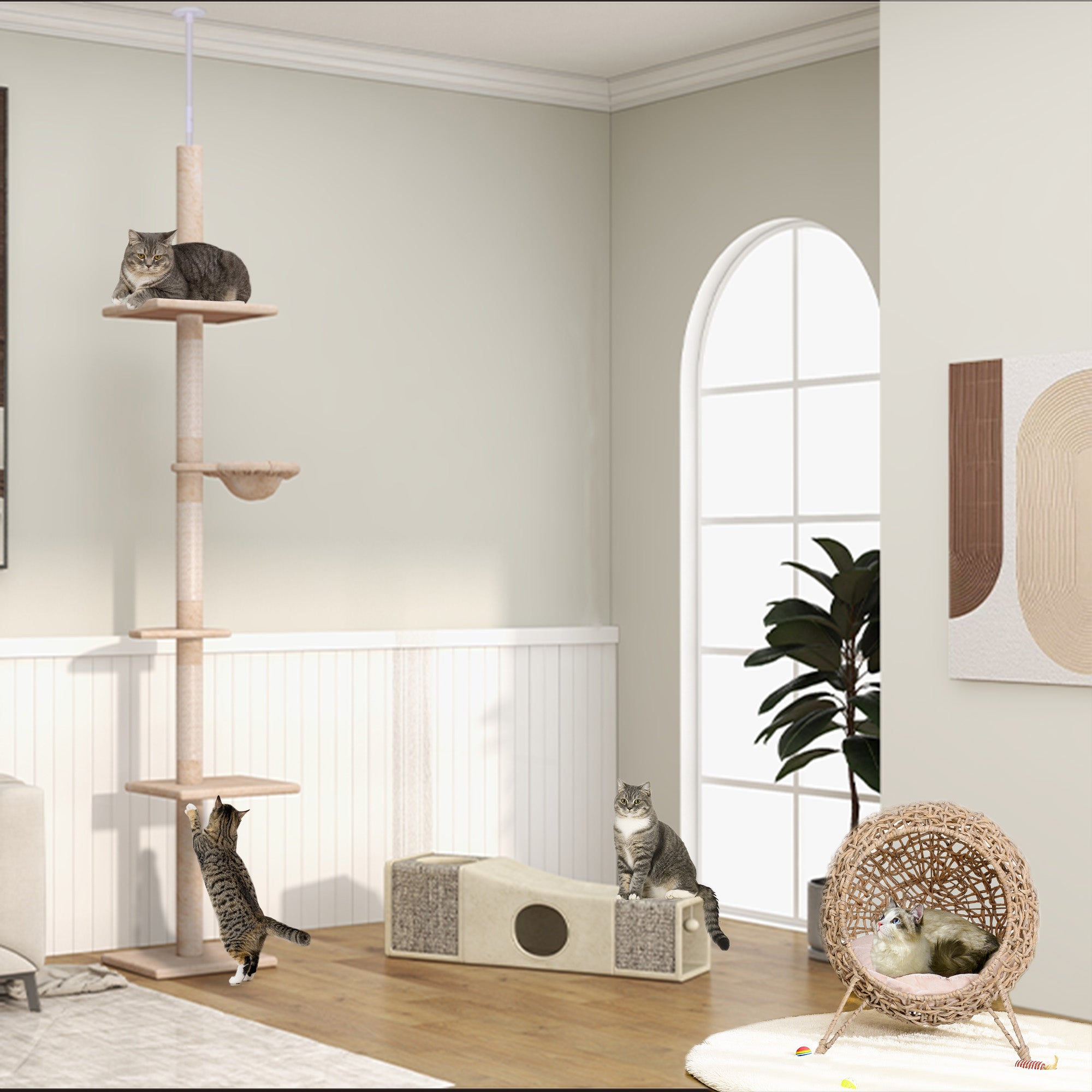 Takhögt klösträd med justerbar höjd och sisalstolpar – Beige, 230–260 cm