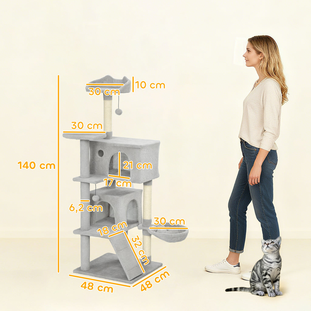 Klösträd med hängmatta, stege och dubbla kojor, 140 cm högt – Ljusgrå/Cremévit