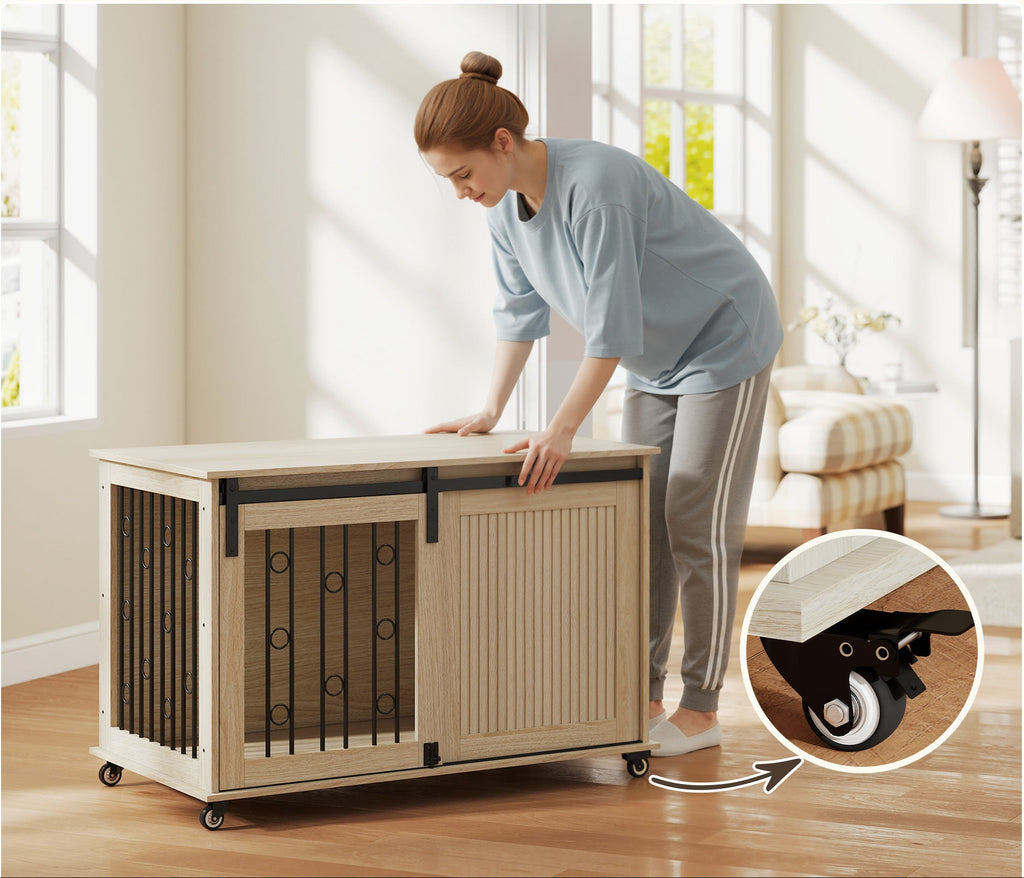 Hundbur i Möbelstil med Hjul – Skjutdörr & Robust Design (Ek/Svart)