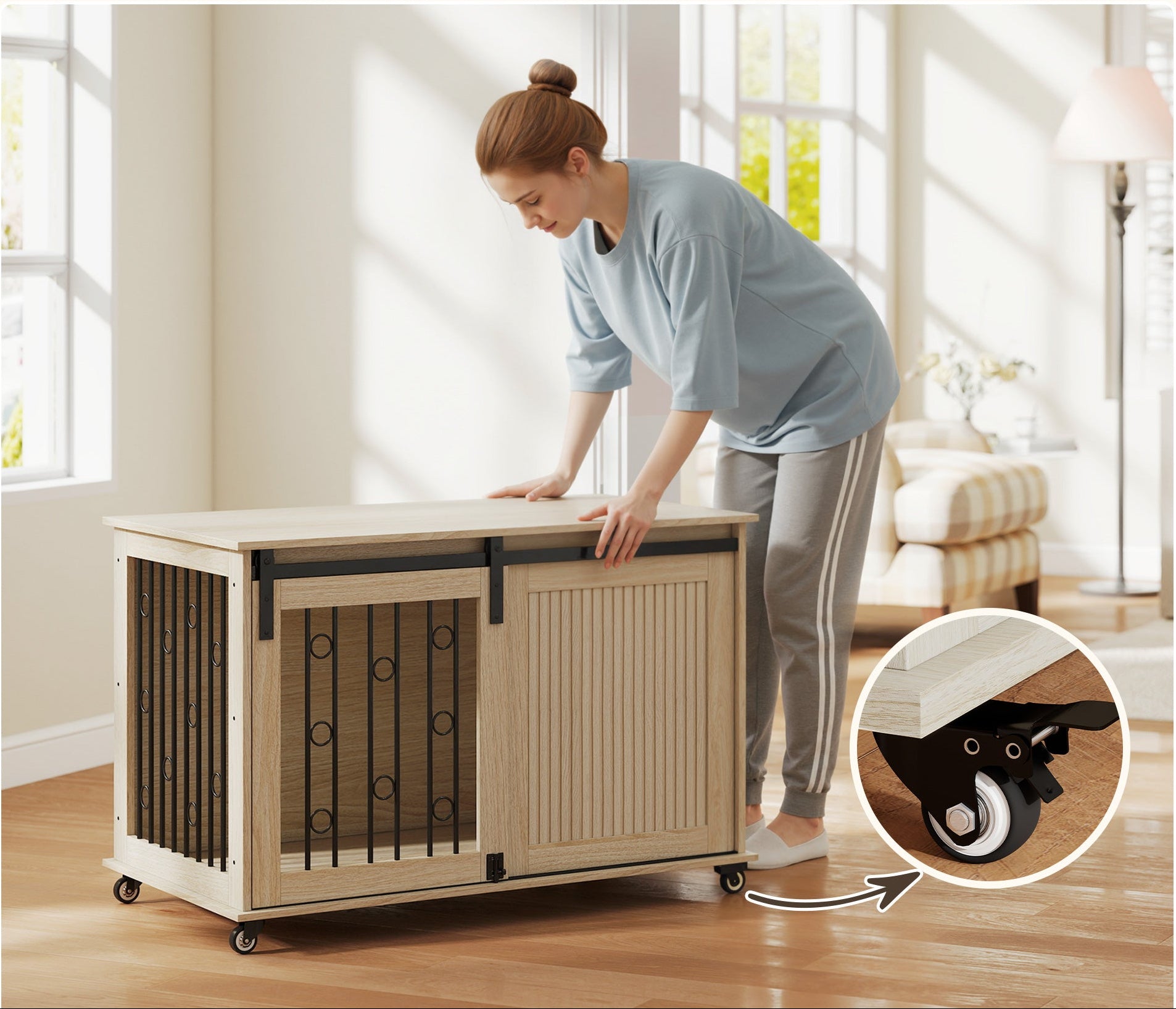 Hundbur i Möbelstil med Hjul – Skjutdörr & Robust Design (Ek/Svart)